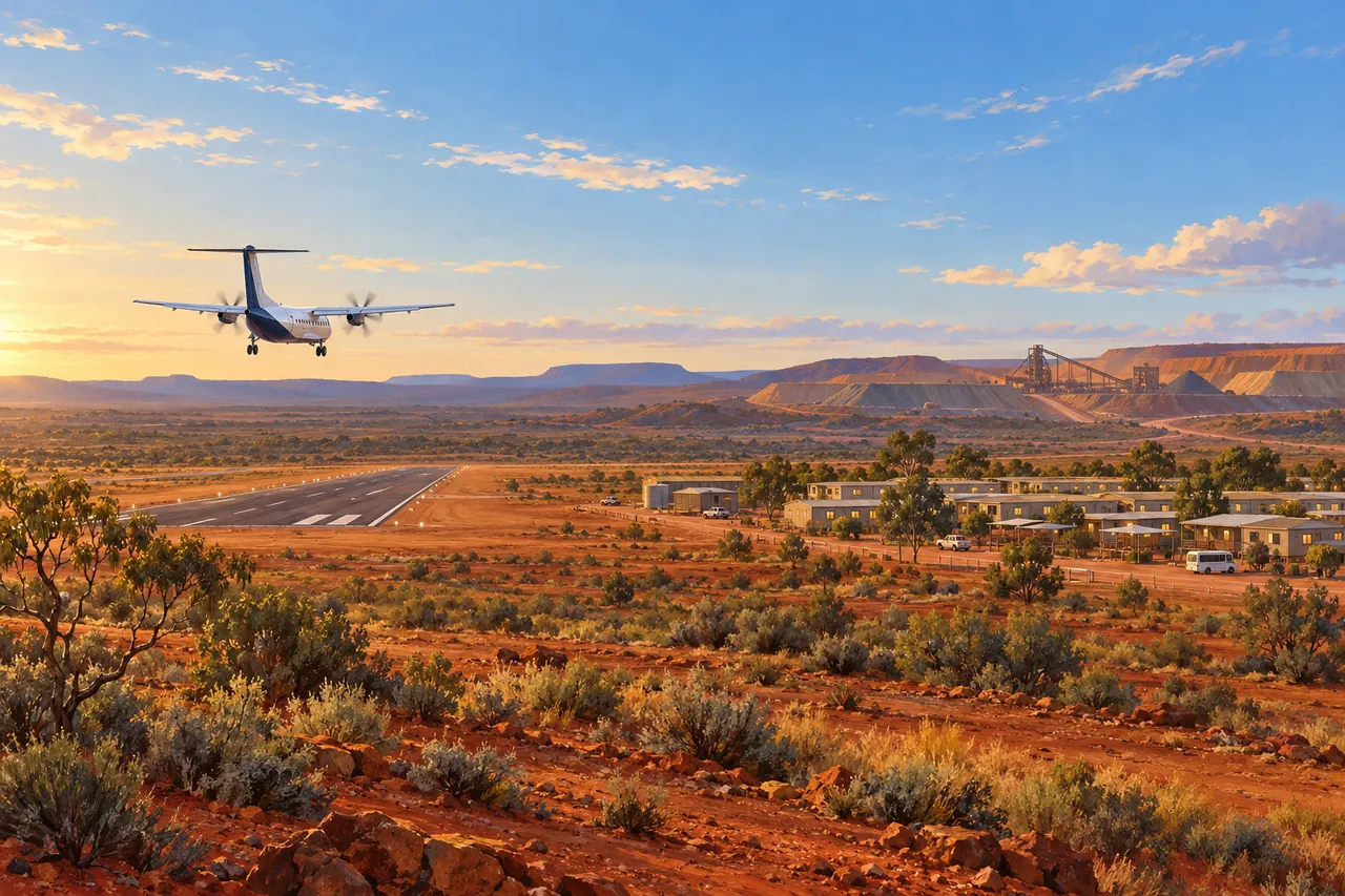 Illustrazione di un aereo regionale vicino a una pista remota immaginaria, con un villaggio e una miniera sullo sfondo.